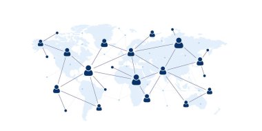 Sosyal kullanıcı ağı, insan ağı illüstrasyonu. Noktalar birbirine bağlı çizgiler dünya haritası arka planında ağ oluşturur