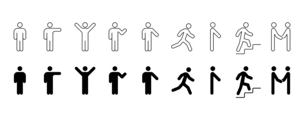 Ikony Řádků Lidí Nastaveny Lidské Obrysy Person Walking Running Happy — Stockový vektor
