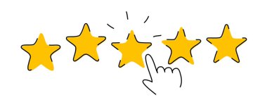 Müşteri değerlendirme konsepti. Geri bildirim, itibar ve kalite kavramı. Beş yıldız puanını gösteren parmak.
