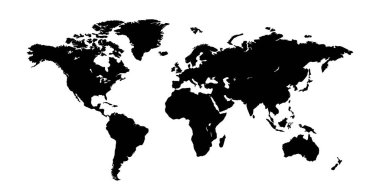 Dünya haritası vektörü, beyaz arkaplanda izole. Düz Dünya siluet haritası şablonu. Dünya haritasına benzer bir ikon. Dünya çapında seyahat, harita silueti arkaplanı.