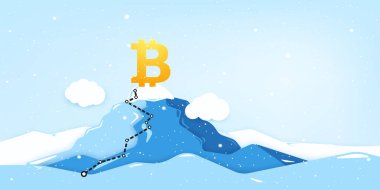 Dağ vektörü illüstrasyonunun üzerinde Bitcoin dijital para birimi işareti