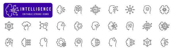 Set Icone Linea Correlate All Intelligenza Collezione Apprendimento Automatico Mente Grafiche Vettoriali
