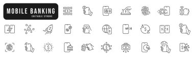 Bir dizi mobil bankacılık hattı simgesi. Ödeme, para, dolar, cep telefonu, finans, cüzdan vs. Düzenlenebilir vuruş