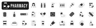 Eczane katı çizgi simgesi seti. İlaç, ilaç, ilaç, kapsül, şırınga, şurup, şişe vs..