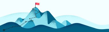 Abstract mountains illustration with flag and road to peak illustration
