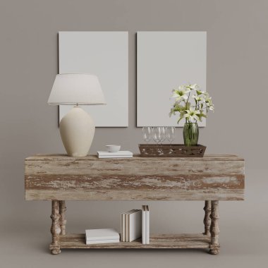 ahşap duvar arkaplanındaki boş çerçeve, 3 boyutlu çizim, 3 boyutlu resimleme