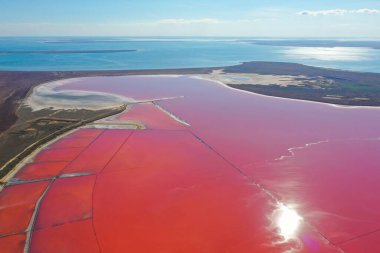 Renkli pembe tuz gölü ve Ukrayna 'nın Kherson bölgesinde Karadeniz manzarası. Gıda endüstrisi, kozmetoloji ve kaplıca için tuz üretimi