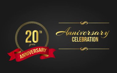 Broşür, dergi, broşür, afiş, internet, davetiye ya da tebrik kartı için altın çember dekoratif Flourish Süslü 20. yıl dönümü logosu.