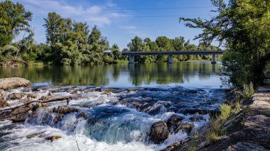 Dağlarda bir ormanla çevrili bir nehir. Güneşin altında.