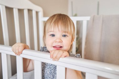  Beşikte duran mutlu bir buçuk bebek. Güneşli yatak odasında oyuncak maymunla oynayan 18 aylık bir çocuk. Ebeveyn yatak odasında bebek karyolası. Yüksek kalite fotoğraf