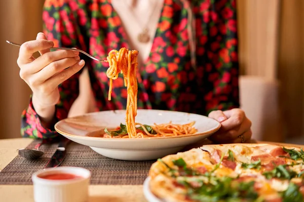 Woman Eats Italian Pasta Tomato Meat Close Spaghetti Bolognese Wind — Stock Photo, Image