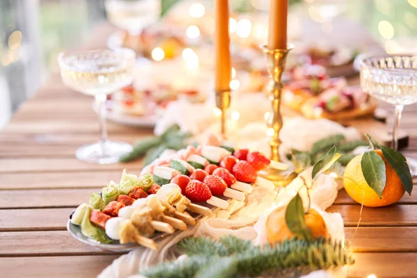 Christmas Dinner Feast Small Table Served Snacks Bruschettas Canapes Decorated — Stock Photo, Image