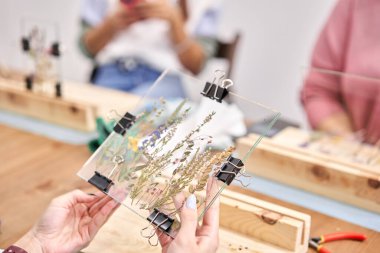 Boyalı camda Tiffany tekniğinde Herbaryum ile çerçeve oluşturma konusunda yüksek sınıf. Güzellik hatırası olarak bir bardağın altına yerleştirilmiş kurumuş farklı bitki ve çiçeklerden oluşan bitki örtüsü. Dekorasyon ve dekor