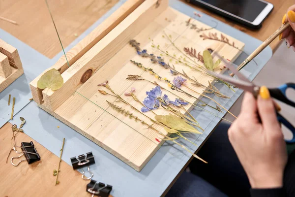 stock image Master class on creating frame with Herbarium in tiffany technique in stained glass. Herbarium of dried different plants and flowers placed under a glass for beauty as a keepsake. Decoration and decor