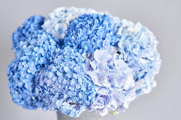 Όμορφα Μπλε Λουλούδια Ορτανσία Ένα Βάζο Ένα Τραπέζι Μπουκέτο Μπλε — Φωτογραφία Αρχείου
