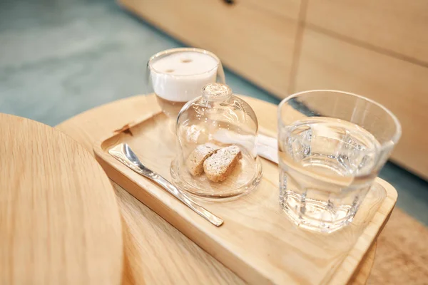Cup Coffee Cappuccino Cantuccini Glass Water Wooden Tray Coffee Milk — Stock Photo, Image