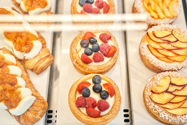 Variety Fresh Pastries Bakery Window Almond Croissant Fresh Hot Cafe — Stock Photo, Image