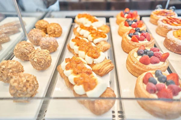 Variety Fresh Pastries Bakery Window Almond Croissant Fresh Hot Cafe — Stock Photo, Image