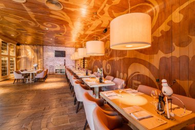 Nizhny Novgorod, Rusya - Şubat 08 2020. Bocconcino Pizzeria. Restoranın içinde. İtalyan mutfağı restoranı. Modern Avrupa restoranı. Yüksek kalite fotoğraf