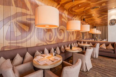 Nizhny Novgorod, Rusya - Şubat 08 2020. Bocconcino Pizzeria. Restoranın içinde. İtalyan mutfağı restoranı. Modern Avrupa restoranı. Yüksek kalite fotoğraf