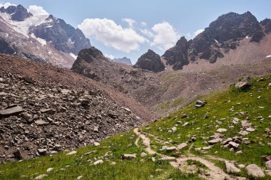 Morlar ve güneşli havada yeşil çayırlar arasındaki atmosferik manzara. Muazzam bir dağ manzarası, büyük bir buzulu ve dağ tepesi var. Moraine Kazakistan 'ın dağlık kesimlerinde. Karargah