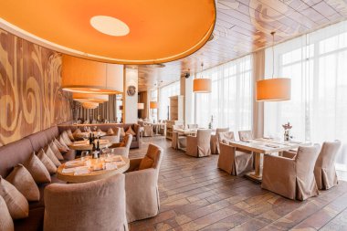 Nizhny Novgorod, Rusya - Şubat 08 2020. Bocconcino Pizzeria. Restoranın içinde. İtalyan mutfağı restoranı. Modern Avrupa restoranı. Yüksek kalite fotoğraf