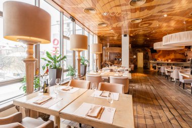 Nizhny Novgorod, Rusya - Şubat 08 2020. Bocconcino Pizzeria. Restoranın içinde. İtalyan mutfağı restoranı. Modern Avrupa restoranı. Yüksek kalite fotoğraf