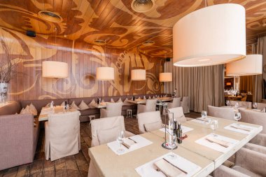 Nizhny Novgorod, Rusya - Şubat 08 2020. Bocconcino Pizzeria. Restoranın içinde. İtalyan mutfağı restoranı. Modern Avrupa restoranı. Yüksek kalite fotoğraf