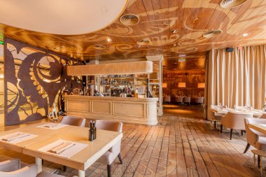 Nizhny Novgorod, Rusya - Şubat 08 2020. Bocconcino Pizzeria. Restoranın içinde. İtalyan mutfağı restoranı. Modern Avrupa restoranı. Yüksek kalite fotoğraf