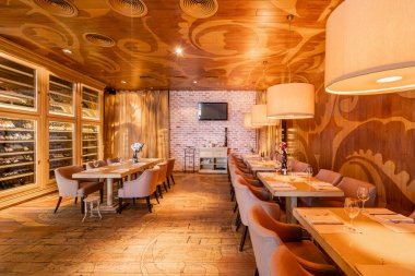 Nizhny Novgorod, Rusya - Şubat 08 2020. Bocconcino Pizzeria. Restoranın içinde. İtalyan mutfağı restoranı. Modern Avrupa restoranı. Yüksek kalite fotoğraf