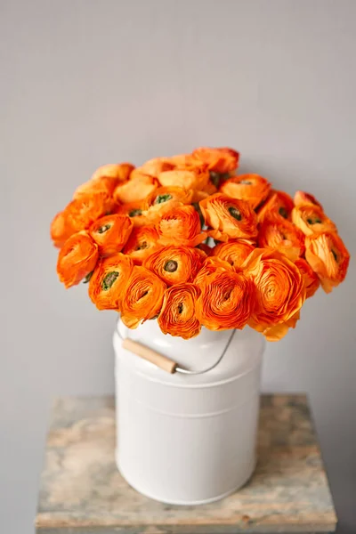 Persisk Smörblomma Ett Gäng Apelsin Ranunculus Blommor Ljusgrå Bakgrund Vas — Stockfoto