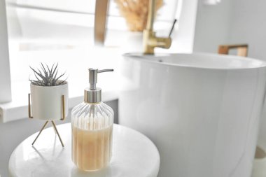 Çevre dostu. Banyodaki raflarda çeşitli hijyenik malzemelerin yanında bir şişe sabun var. Yüksek kalite fotoğraf