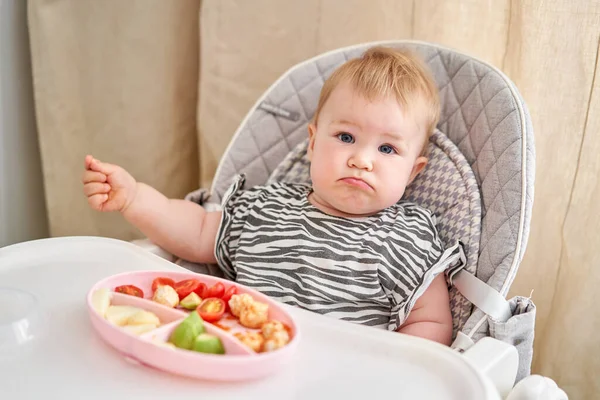 Cute child eats healthy food vegetables and meatballs from dietary meat steamed,. Portraits of a cute 10 months old baby girl. The baby sitting in a special high chair for babies. High quality photo