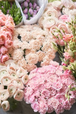 Çok farklı renkler. Gösteriş. Çiçeklerin karışımı. Katalog ya da çevrimiçi mağaza için güzel çiçekler. Çiçek dükkanı ve teslimat konsepti. Üst Manzara. Yüksek kalite fotoğraf