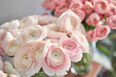 Showcase 'de bir sürü farklı çiçek var. Çiçeklerin karışımı. Katalog ya da çevrimiçi mağaza için güzel çiçekler. Çiçek dükkanı ve teslimat konsepti. Yüksek kalite fotoğraf