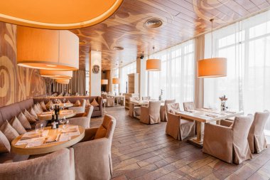 Nizhny Novgorod, Rusya - Şubat 08 2020. Bocconcino Pizzeria. Restoranın içinde. İtalyan mutfağı restoranı. Modern Avrupa restoranı. Yüksek kalite fotoğraf