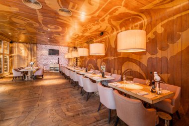 Nizhny Novgorod, Rusya - Şubat 08 2020. Bocconcino Pizzeria. Restoranın içinde. İtalyan mutfağı restoranı. Modern Avrupa restoranı. Yüksek kalite fotoğraf