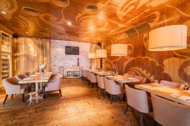 Nizhny Novgorod, Rusya - Şubat 08 2020. Bocconcino Pizzeria. Restoranın içinde. İtalyan mutfağı restoranı. Modern Avrupa restoranı. Yüksek kalite fotoğraf