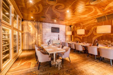 Nizhny Novgorod, Rusya - Şubat 08 2020. Bocconcino Pizzeria. Restoranın içinde. İtalyan mutfağı restoranı. Modern Avrupa restoranı. Yüksek kalite fotoğraf