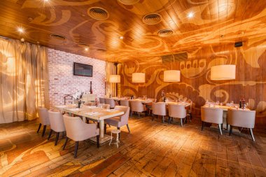 Nizhny Novgorod, Rusya - Şubat 08 2020. Bocconcino Pizzeria. Restoranın içinde. İtalyan mutfağı restoranı. Modern Avrupa restoranı. Yüksek kalite fotoğraf