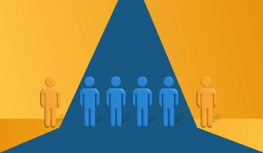 Diversification concept, Racial discrimination concept cutouts of people and a different one. Inclusive and discrimination concept. Lines of humans in different colors as symbol of diversity