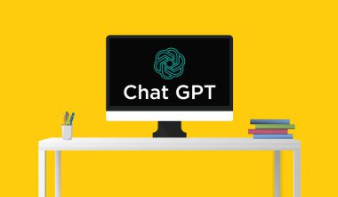 Chat GPT on screen, Artificial intelligence, Chat GPT on black screen with books on table computer table. clipart