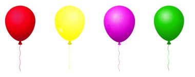 Beyaz arka planda izole edilmiş balonlar, pembe, sarı, yeşil ve kırmızı balonlar.