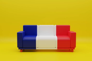 Oturma odasında sarı arka planı olan kırmızı beyaz ve mavi kanepe, 3 koltuklu Fransız bayrağı 3 boyutlu kumaşa oyulmuş kanepe, deri üzerine sarı arka planda Fransa bayrağı basılmış kanepe.,