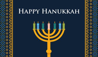 Mavi mumlu ve sembollü mutlu Hanuka Duvar Kağıdı. Mutlu Hanukkah 'lar, Yahudi Işık Festivali tebrik kartı arka planı, menoralı mavi arkaplanda Mutlu Hanuka yazıları ve yıldızlar..