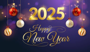 Zarif 2025 Mutlu yıllar, şenlikli süslemelerle. Yeni yılı neşe ve mutlulukla kutlamak için mükemmel..