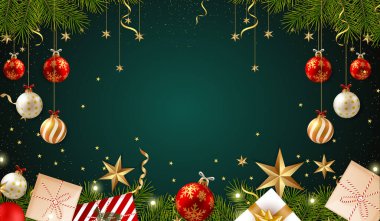 Yeşil arka planda süslerin, hediyelerin ve yıldızların yer aldığı şenlikli Noel süsleri. Tatil temaları ve mevsimlik tasarımlar için mükemmel..