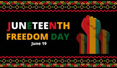 Renkli Haziran Özgürlük Günü posteri. Birlik ve güçlenmeyi sembolize eden yumruklar havada. 19 Haziran 'da Kutlandı.