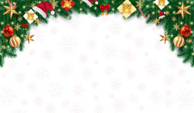 Klasik Noel kompozisyonu köknar dalları ve beyaz & kırmızı takılar ve beyaz arka planda kar taneli hediye kutuları