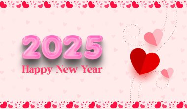 Mutlu yıllar 2025, pembe arka planla birlikte kırmızı ve pembe kalplerle. 2025 Sevdiklerimizle pembe temalı bir kutlama.